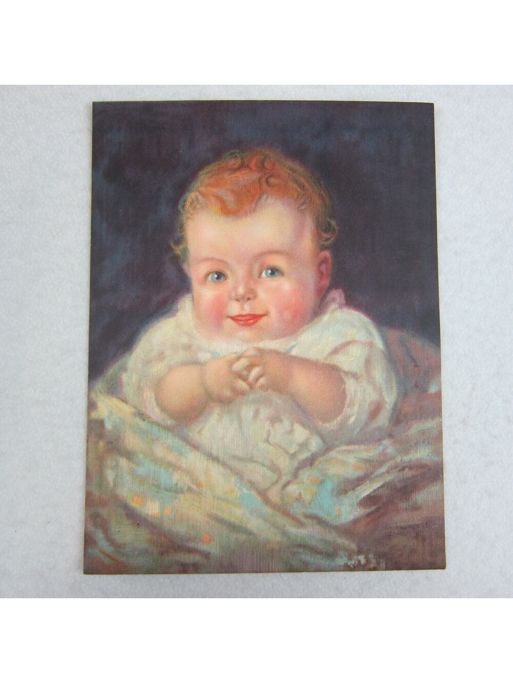 Vintage 1930s Baby Art Calendar Print Red Head Curls Blue & White Nursery Art